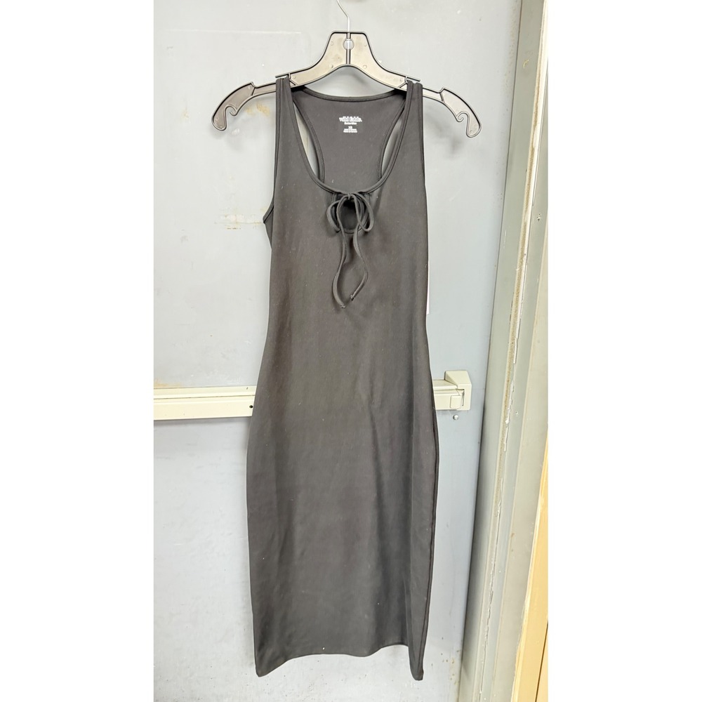 Wild Fable Black Ribbed Bodycon Midi Dress Tie Front Racerback XS NWT